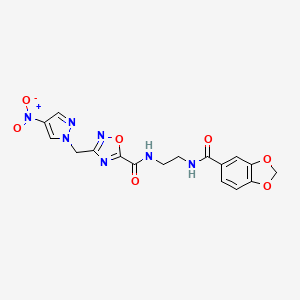 molecular formula C17H15N7O7 B11057759 N-{2-[(1,3-benzodioxol-5-ylcarbonyl)amino]ethyl}-3-[(4-nitro-1H-pyrazol-1-yl)methyl]-1,2,4-oxadiazole-5-carboxamide 