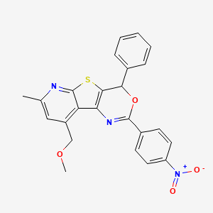 molecular formula C24H19N3O4S B11057776 13-(methoxymethyl)-11-methyl-4-(4-nitrophenyl)-6-phenyl-5-oxa-8-thia-3,10-diazatricyclo[7.4.0.02,7]trideca-1(13),2(7),3,9,11-pentaene 