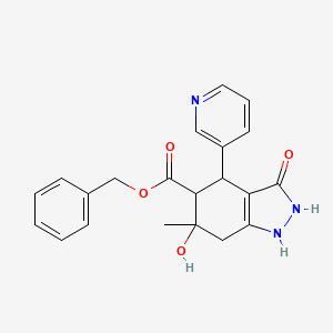 1H-Indazole-5-carboxylic acid, 4,5,6,7-tetrahydro-3,6-dihydroxy-6-methyl-4-(3-pyridinyl)-, phenylmethyl ester