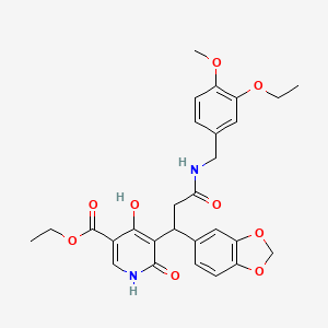 molecular formula C28H30N2O9 B11058140 Ethyl 5-{1-(1,3-benzodioxol-5-yl)-3-[(3-ethoxy-4-methoxybenzyl)amino]-3-oxopropyl}-4-hydroxy-6-oxo-1,6-dihydropyridine-3-carboxylate 