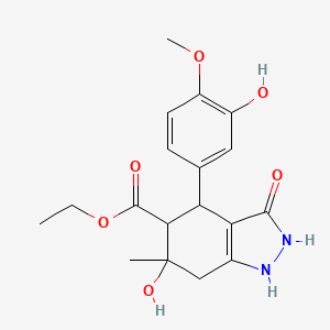 molecular formula C18H22N2O6 B11058224 ethyl 3,6-dihydroxy-4-(3-hydroxy-4-methoxyphenyl)-6-methyl-4,5,6,7-tetrahydro-1H-indazole-5-carboxylate 