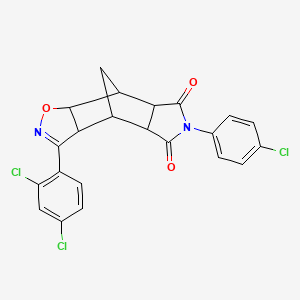 molecular formula C22H15Cl3N2O3 B11058335 6-(4-chlorophenyl)-3-(2,4-dichlorophenyl)-4a,7a,8,8a-tetrahydro-3aH-4,8-methano[1,2]oxazolo[4,5-f]isoindole-5,7(4H,6H)-dione 