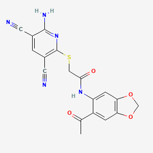 molecular formula C18H13N5O4S B11058359 N-(6-acetyl-1,3-benzodioxol-5-yl)-2-[(6-amino-3,5-dicyanopyridin-2-yl)sulfanyl]acetamide 