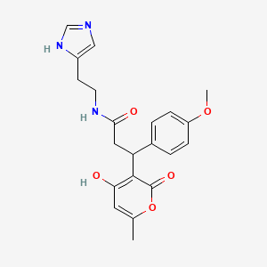 molecular formula C21H23N3O5 B11059467 3-(4-hydroxy-6-methyl-2-oxo-2H-pyran-3-yl)-N-[2-(1H-imidazol-4-yl)ethyl]-3-(4-methoxyphenyl)propanamide 