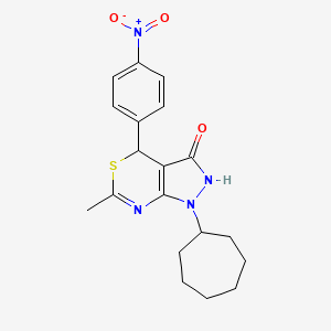 molecular formula C19H22N4O3S B11059610 1-cycloheptyl-6-methyl-4-(4-nitrophenyl)-1,4-dihydropyrazolo[3,4-d][1,3]thiazin-3(2H)-one 