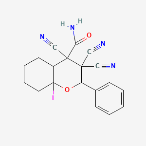 3,3,4-tricyano-8a-iodo-2-phenyloctahydro-2H-chromene-4-carboxamide