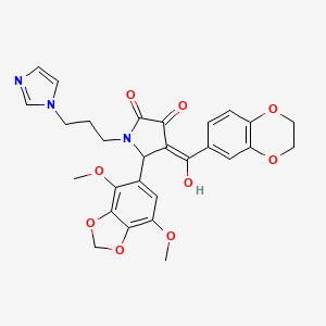 molecular formula C28H27N3O9 B11059674 4-(2,3-dihydro-1,4-benzodioxin-6-ylcarbonyl)-5-(4,7-dimethoxy-1,3-benzodioxol-5-yl)-3-hydroxy-1-[3-(1H-imidazol-1-yl)propyl]-1,5-dihydro-2H-pyrrol-2-one 