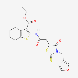 molecular formula C21H22N2O5S3 B11060110 Ethyl 2-({[3-(furan-3-ylmethyl)-4-oxo-2-thioxo-1,3-thiazolidin-5-yl]acetyl}amino)-4,5,6,7-tetrahydro-1-benzothiophene-3-carboxylate 