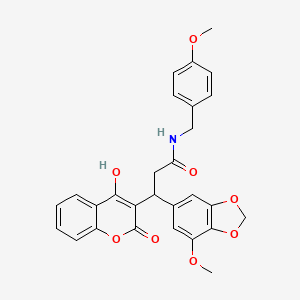 molecular formula C28H25NO8 B11060158 3-(4-hydroxy-2-oxo-2H-chromen-3-yl)-3-(7-methoxy-1,3-benzodioxol-5-yl)-N-(4-methoxybenzyl)propanamide 