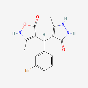 molecular formula C15H14BrN3O3 B11060632 4-[(3-bromophenyl)(5-hydroxy-3-methyl-1H-pyrazol-4-yl)methyl]-3-methyl-1,2-oxazol-5-ol 