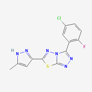 molecular formula C13H8ClFN6S B11060937 3-(5-chloro-2-fluorophenyl)-6-(5-methyl-1H-pyrazol-3-yl)[1,2,4]triazolo[3,4-b][1,3,4]thiadiazole 