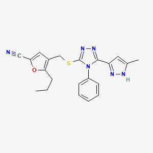 molecular formula C21H20N6OS B11061130 4-({[5-(5-methyl-1H-pyrazol-3-yl)-4-phenyl-4H-1,2,4-triazol-3-yl]sulfanyl}methyl)-5-propylfuran-2-carbonitrile 