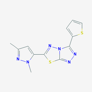 molecular formula C12H10N6S2 B11061138 6-(1,3-dimethyl-1H-pyrazol-5-yl)-3-(thiophen-2-yl)[1,2,4]triazolo[3,4-b][1,3,4]thiadiazole 