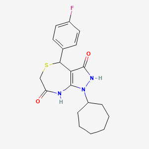 molecular formula C19H22FN3O2S B11061380 1-cycloheptyl-4-(4-fluorophenyl)-3-hydroxy-4,8-dihydro-1H-pyrazolo[3,4-e][1,4]thiazepin-7(6H)-one 