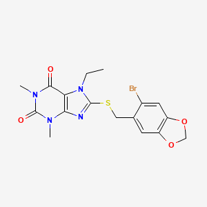 molecular formula C17H17BrN4O4S B11061431 8-{[(6-bromo-1,3-benzodioxol-5-yl)methyl]sulfanyl}-7-ethyl-1,3-dimethyl-3,7-dihydro-1H-purine-2,6-dione 