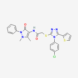 molecular formula C25H21ClN6O2S2 B11061517 2-{[4-(4-chlorophenyl)-5-(thiophen-2-yl)-4H-1,2,4-triazol-3-yl]sulfanyl}-N-(1,5-dimethyl-3-oxo-2-phenyl-2,3-dihydro-1H-pyrazol-4-yl)acetamide 