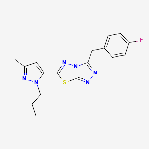 molecular formula C17H17FN6S B11061774 3-(4-fluorobenzyl)-6-(3-methyl-1-propyl-1H-pyrazol-5-yl)[1,2,4]triazolo[3,4-b][1,3,4]thiadiazole 