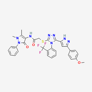 molecular formula C32H27F3N8O3S B11062153 N-(1,5-dimethyl-3-oxo-2-phenyl-2,3-dihydro-1H-pyrazol-4-yl)-2-({5-[3-(4-methoxyphenyl)-1H-pyrazol-5-yl]-4-[2-(trifluoromethyl)phenyl]-4H-1,2,4-triazol-3-yl}sulfanyl)acetamide 