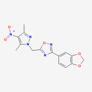 molecular formula C15H13N5O5 B11062717 3-(1,3-benzodioxol-5-yl)-5-[(3,5-dimethyl-4-nitro-1H-pyrazol-1-yl)methyl]-1,2,4-oxadiazole 