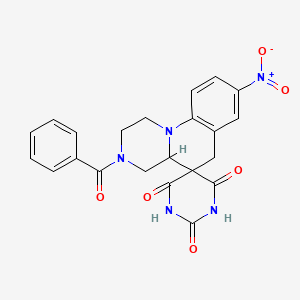 molecular formula C22H19N5O6 B11062835 8-nitro-3-(phenylcarbonyl)-2,3,4,4a-tetrahydro-1H,2'H,6H-spiro[pyrazino[1,2-a]quinoline-5,5'-pyrimidine]-2',4',6'(1'H,3'H)-trione 