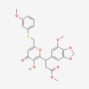 molecular formula C25H24O9S B11063188 methyl 3-(3-hydroxy-6-{[(3-methoxyphenyl)sulfanyl]methyl}-4-oxo-4H-pyran-2-yl)-3-(7-methoxy-1,3-benzodioxol-5-yl)propanoate 