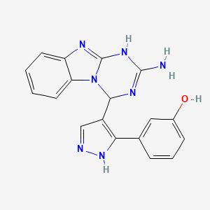 molecular formula C18H15N7O B11063214 3-[4-(2-amino-3,4-dihydro[1,3,5]triazino[1,2-a]benzimidazol-4-yl)-1H-pyrazol-3-yl]phenol 