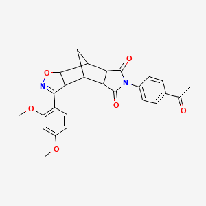 molecular formula C26H24N2O6 B11063254 6-(4-acetylphenyl)-3-(2,4-dimethoxyphenyl)-4a,7a,8,8a-tetrahydro-3aH-4,8-methano[1,2]oxazolo[4,5-f]isoindole-5,7(4H,6H)-dione 