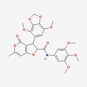 molecular formula C27H27NO11 B11063497 3-(4,7-dimethoxy-1,3-benzodioxol-5-yl)-6-methyl-4-oxo-N-(3,4,5-trimethoxyphenyl)-2,3-dihydro-4H-furo[3,2-c]pyran-2-carboxamide 