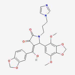 molecular formula C27H25N3O9 B11063652 4-(1,3-benzodioxol-5-ylcarbonyl)-5-(4,7-dimethoxy-1,3-benzodioxol-5-yl)-3-hydroxy-1-[3-(1H-imidazol-1-yl)propyl]-1,5-dihydro-2H-pyrrol-2-one 