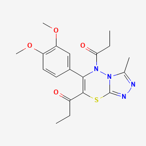 molecular formula C19H22N4O4S B11063709 1-[6-(3,4-Dimethoxyphenyl)-3-methyl-5-propionyl-5H-[1,2,4]triazolo[3,4-B][1,3,4]thiadiazin-7-YL]-1-propanone 