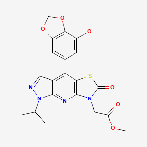 molecular formula C21H20N4O6S B11063768 Methyl 2-[1-isopropyl-4-(7-methoxy-1,3-benzodioxol-5-YL)-6-oxo-1H-pyrazolo[3,4-B][1,3]thiazolo[5,4-E]pyridin-7(6H)-YL]acetate 