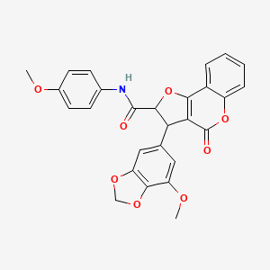 molecular formula C27H21NO8 B11063777 3-(7-methoxy-1,3-benzodioxol-5-yl)-N-(4-methoxyphenyl)-4-oxo-2,3-dihydro-4H-furo[3,2-c]chromene-2-carboxamide 