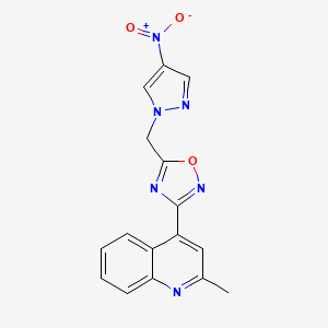 molecular formula C16H12N6O3 B11064379 2-methyl-4-{5-[(4-nitro-1H-pyrazol-1-yl)methyl]-1,2,4-oxadiazol-3-yl}quinoline 