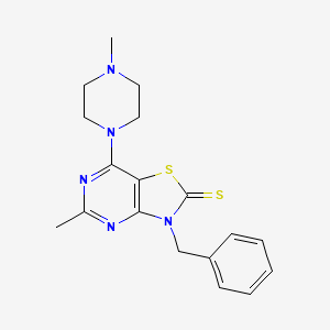 molecular formula C18H21N5S2 B11064779 Thiazolo[4,5-d]pyrimidine-2(3H)-thione, 5-methyl-7-(4-methyl-1-piperazinyl)-3-(phenylmethyl)- 