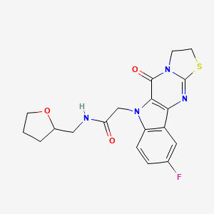 2-(4-fluoro-10-oxo-14-thia-8,11,16-triazatetracyclo[7.7.0.02,7.011,15]hexadeca-1(9),2(7),3,5,15-pentaen-8-yl)-N-(oxolan-2-ylmethyl)acetamide