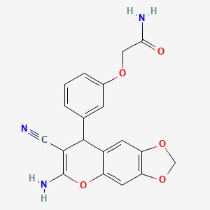 molecular formula C19H15N3O5 B11064945 2-[3-(6-amino-7-cyano-8H-[1,3]dioxolo[4,5-g]chromen-8-yl)phenoxy]acetamide 