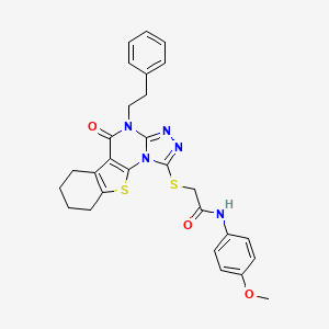 molecular formula C28H27N5O3S2 B11065097 N-(4-methoxyphenyl)-2-{[5-oxo-4-(2-phenylethyl)-4,5,6,7,8,9-hexahydro[1]benzothieno[3,2-e][1,2,4]triazolo[4,3-a]pyrimidin-1-yl]sulfanyl}acetamide 