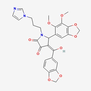 molecular formula C27H25N3O9 B11065151 4-(1,3-benzodioxol-5-ylcarbonyl)-5-(6,7-dimethoxy-1,3-benzodioxol-5-yl)-3-hydroxy-1-[3-(1H-imidazol-1-yl)propyl]-1,5-dihydro-2H-pyrrol-2-one 