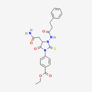 molecular formula C23H24N4O5S B11065228 Ethyl 4-{4-(2-amino-2-oxoethyl)-5-oxo-3-[(3-phenylpropanoyl)amino]-2-thioxoimidazolidin-1-yl}benzoate 