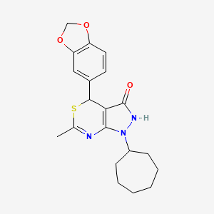 molecular formula C20H23N3O3S B11065325 4-(1,3-benzodioxol-5-yl)-1-cycloheptyl-6-methyl-1,4-dihydropyrazolo[3,4-d][1,3]thiazin-3(2H)-one 