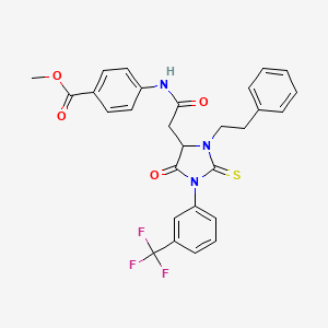 molecular formula C28H24F3N3O4S B11065467 Methyl 4-[({5-oxo-3-(2-phenylethyl)-2-thioxo-1-[3-(trifluoromethyl)phenyl]imidazolidin-4-yl}acetyl)amino]benzoate 