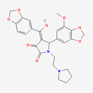 molecular formula C26H26N2O8 B11065580 4-(1,3-benzodioxol-5-ylcarbonyl)-3-hydroxy-5-(7-methoxy-1,3-benzodioxol-5-yl)-1-[2-(pyrrolidin-1-yl)ethyl]-1,5-dihydro-2H-pyrrol-2-one 