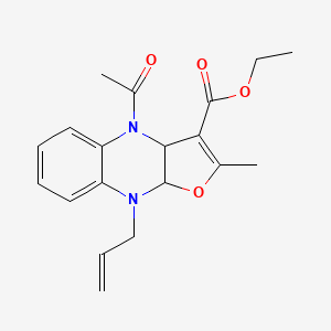 molecular formula C19H22N2O4 B11065610 Ethyl 4-acetyl-2-methyl-9-(prop-2-en-1-yl)-3a,4,9,9a-tetrahydrofuro[2,3-b]quinoxaline-3-carboxylate 