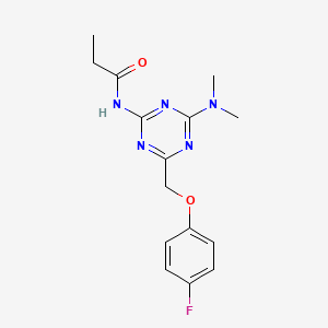 molecular formula C15H18FN5O2 B11065804 N-{4-(dimethylamino)-6-[(4-fluorophenoxy)methyl]-1,3,5-triazin-2-yl}propanamide 