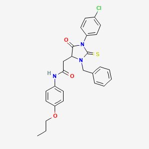 2-[3-benzyl-1-(4-chlorophenyl)-5-oxo-2-thioxoimidazolidin-4-yl]-N-(4-propoxyphenyl)acetamide