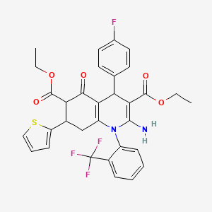 Diethyl 2-amino-4-(4-fluorophenyl)-5-oxo-7-(thiophen-2-yl)-1-[2-(trifluoromethyl)phenyl]-1,4,5,6,7,8-hexahydroquinoline-3,6-dicarboxylate