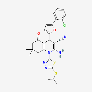 2-Amino-4-[5-(2-chlorophenyl)furan-2-yl]-7,7-dimethyl-5-oxo-1-[5-(propan-2-ylsulfanyl)-1,3,4-thiadiazol-2-yl]-1,4,5,6,7,8-hexahydroquinoline-3-carbonitrile