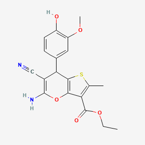 molecular formula C19H18N2O5S B11066494 ethyl 5-amino-6-cyano-7-(4-hydroxy-3-methoxyphenyl)-2-methyl-7H-thieno[3,2-b]pyran-3-carboxylate 