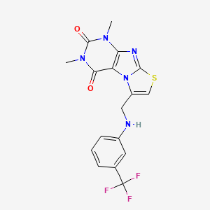 molecular formula C17H14F3N5O2S B11067224 1,3-Dimethyl-6-{[3-(trifluoromethyl)anilino]methyl}[1,3]thiazolo[2,3-F]purine-2,4(1H,3H)-dione 