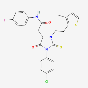 2-[1-(4-chlorophenyl)-3-[2-(3-methylthiophen-2-yl)ethyl]-5-oxo-2-sulfanylideneimidazolidin-4-yl]-N-(4-fluorophenyl)acetamide